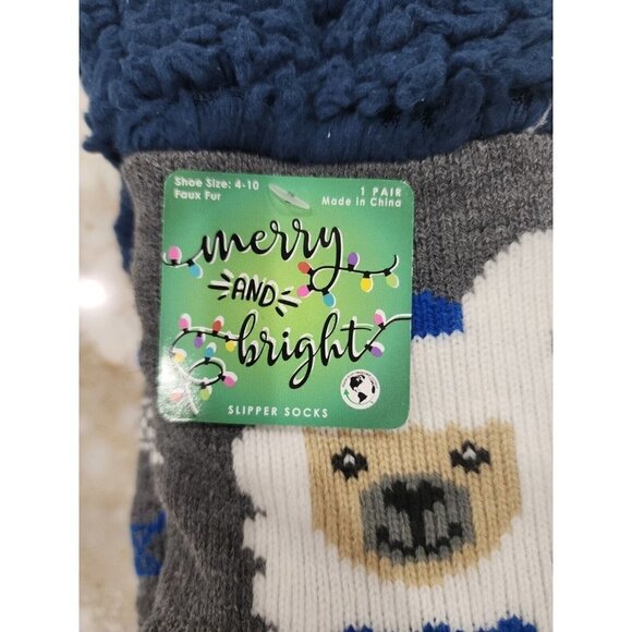 HANUKKAH LLAMA SLIPPER SOCKS Blue Star of David Fuzzy Non Slip ONE SIZE 4 to 10 - Picture 5 of 5